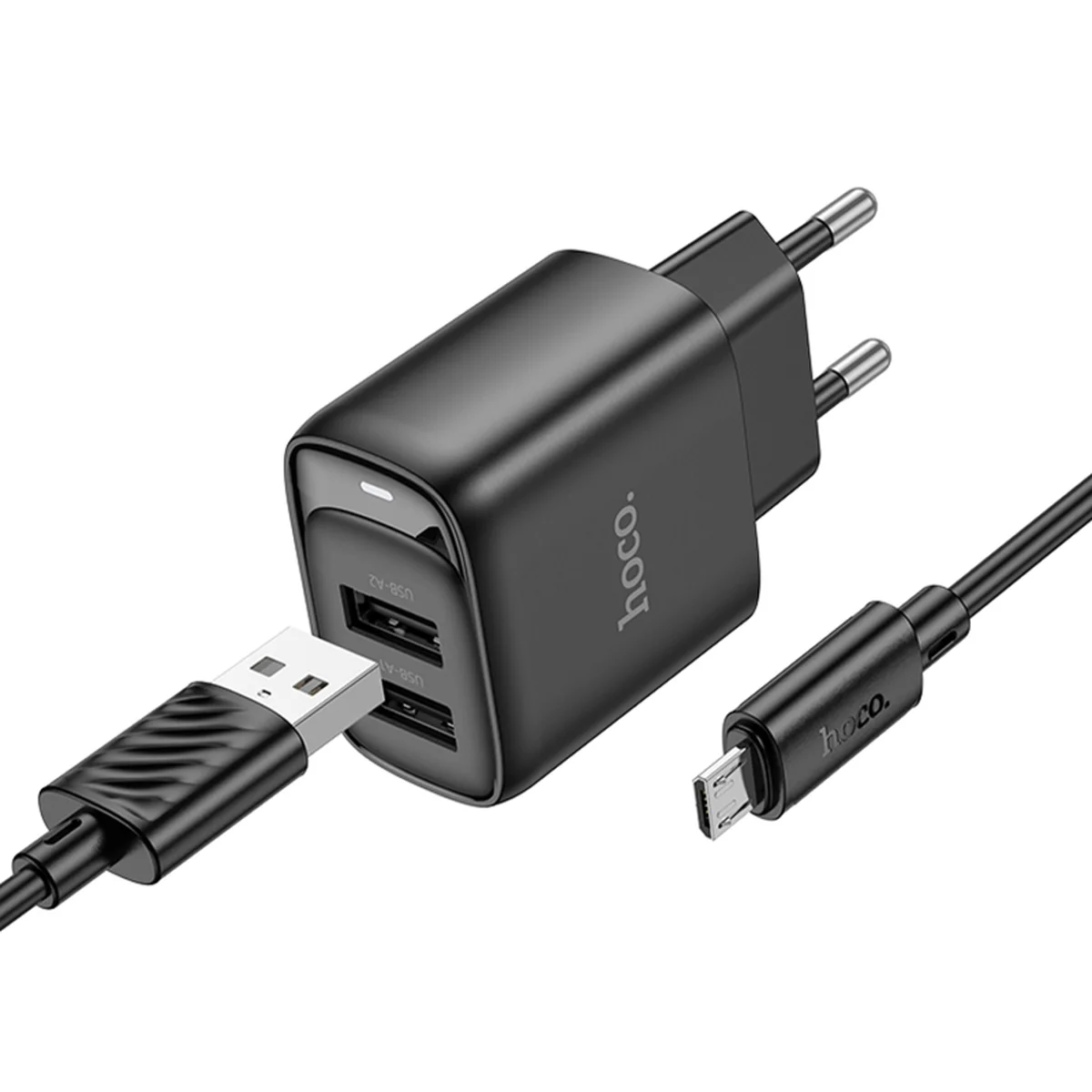 СЗУ Hoco C141A Smart 2.1A (2USB-A) + кабель USB to MicroUSB Black