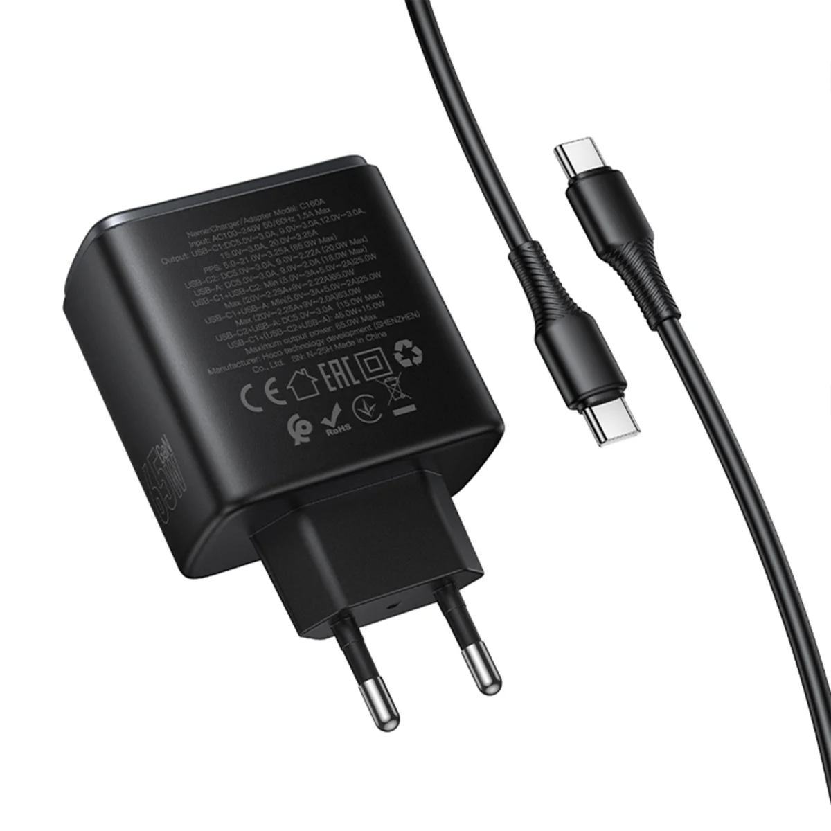 СЗУ Hoco C160A Upgrade PD65W+QC3.0 (1USB-A/2C) + кабель Type-C to Type-C Black