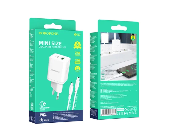 СЗУ Borofone BN7 PD20W+QC3.0 (1USB-A/1C) + кабель Type-C to Type-C White