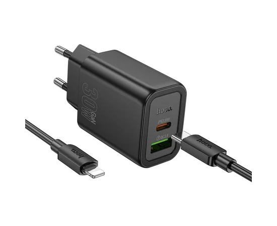 СЗУ Hoco N63 Gentle PD30W+QC3.0 (1USB-A/1C) + кабель Type-C to Lightning Black