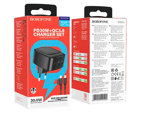 СЗУ Borofone BAS23A Lucky PD30W (1C2A) + Type-C to Type-C Black