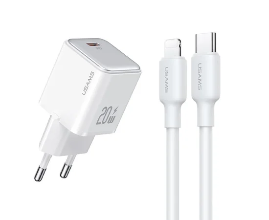 СЗУ Usams US-CC183 PD30W 1C + US-SJ610 Type-C to Lightning PD YX Series White