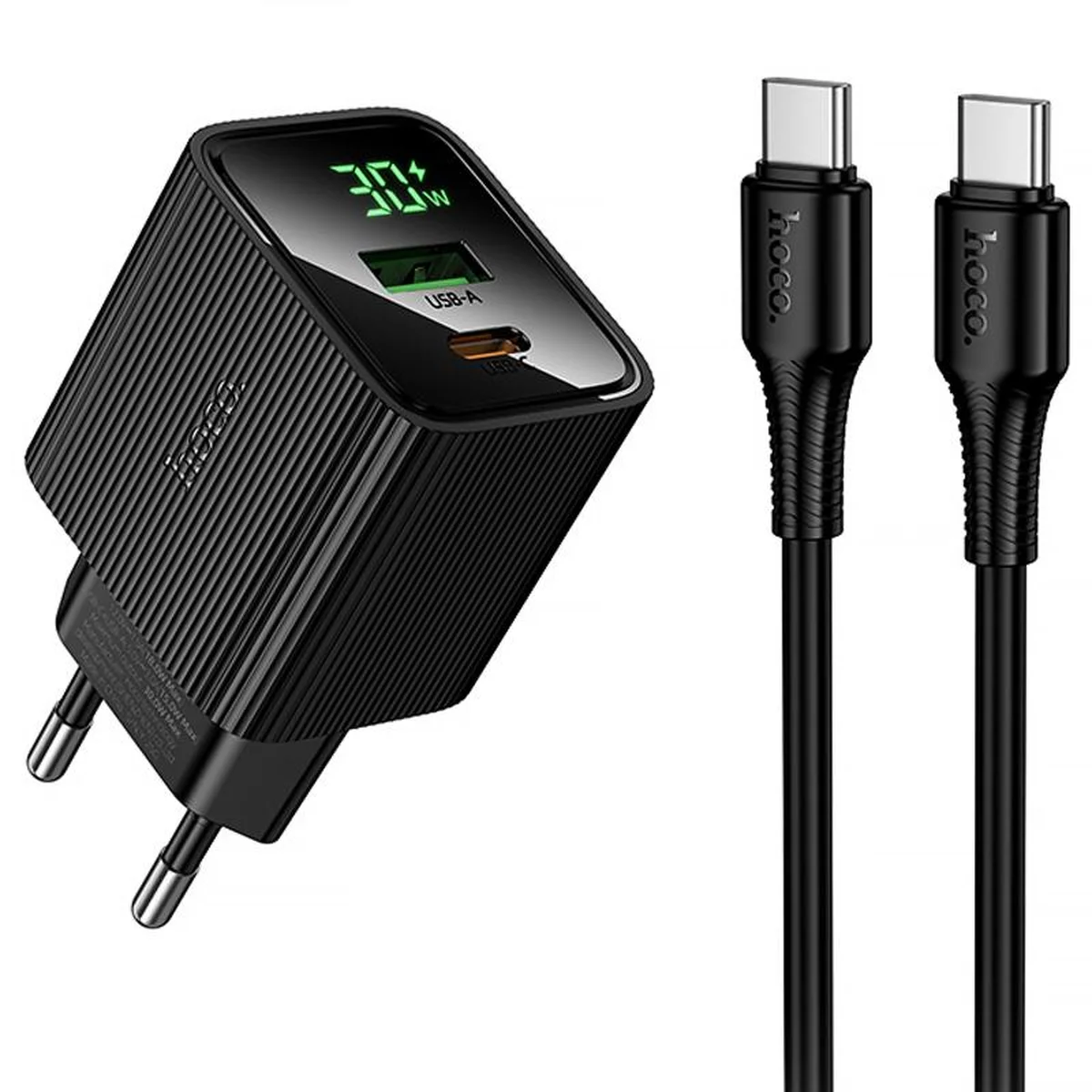 СЗУ Hoco CS84A Excellent with digital display PD30W+QC3.0 (1USB-A/1C) + кабель Type-C to Type-C Black