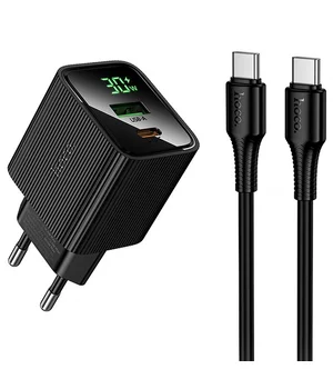 СЗУ Hoco CS84A Excellent with digital display PD30W+QC3.0 (1USB-A/1C) + кабель Type-C to Type-C Black