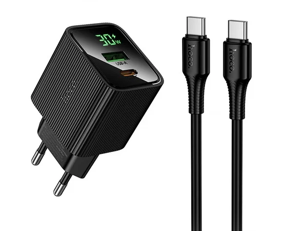 СЗУ Hoco CS84A Excellent with digital display PD30W+QC3.0 (1USB-A/1C) + кабель Type-C to Type-C Black