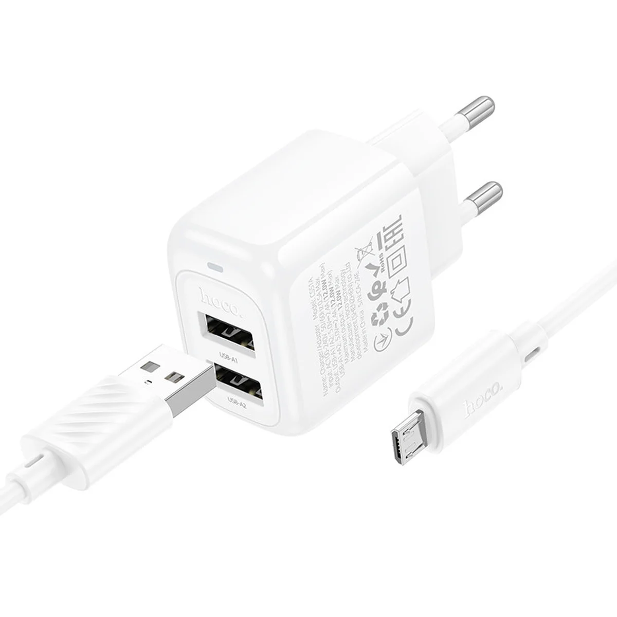 СЗУ Hoco CS51A Surplus (2USB-A) + MicroUSB White