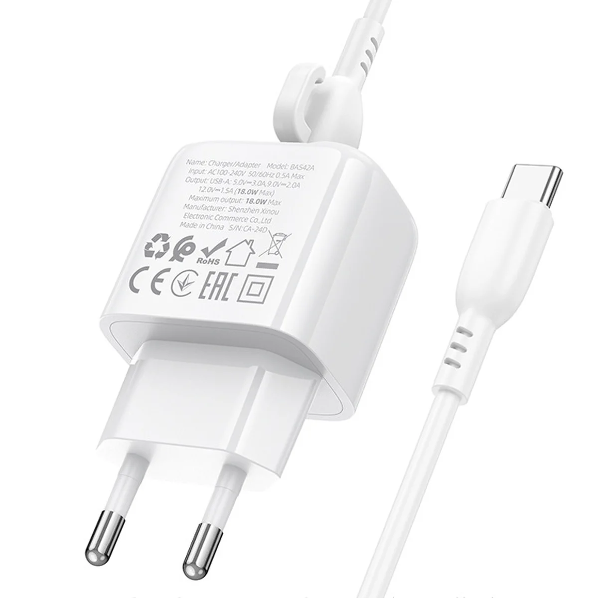 СЗУ Borofone BAS42A Potential QC3.0 (1USB-A) + Type-C White