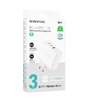 СЗУ Borofone BN11 Imperial PD100W+QC3.0 (1USB-A/2C) + кабель Type-C to Type-C White