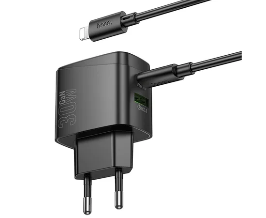 СЗУ Hoco CS61A Bright PD30W+QC3.0 (1USB-A/1C) + кабель Type-C to Lightning Black