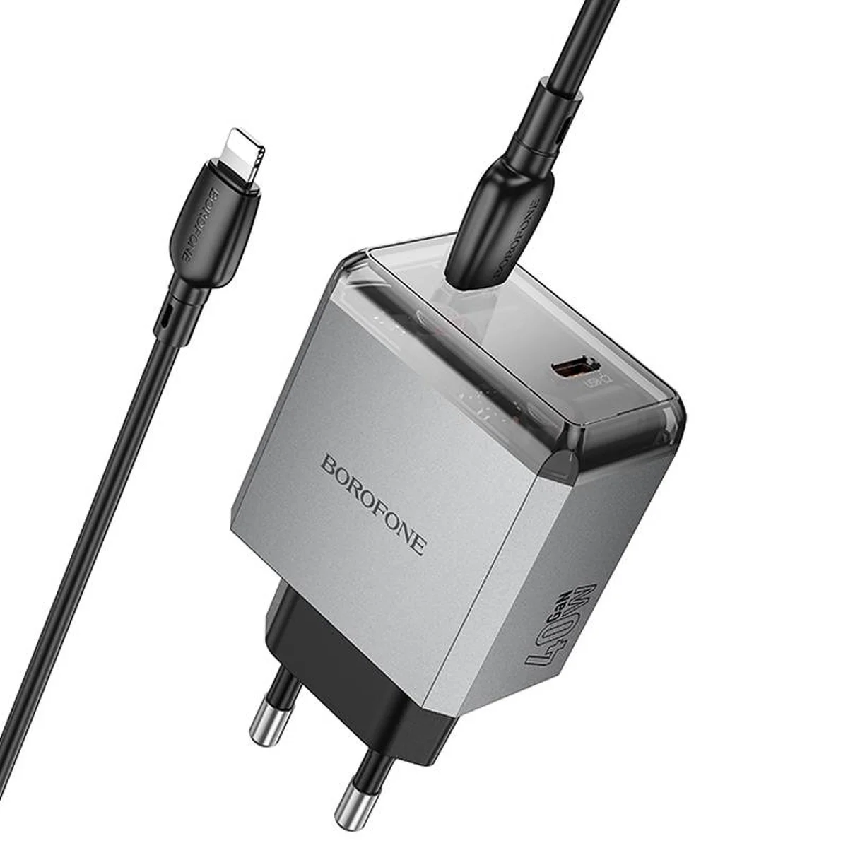 СЗУ Borofone BN21 Lena PD40W+QC3.0 (2USB-C) + кабель Type-C to Lightning Metal gray