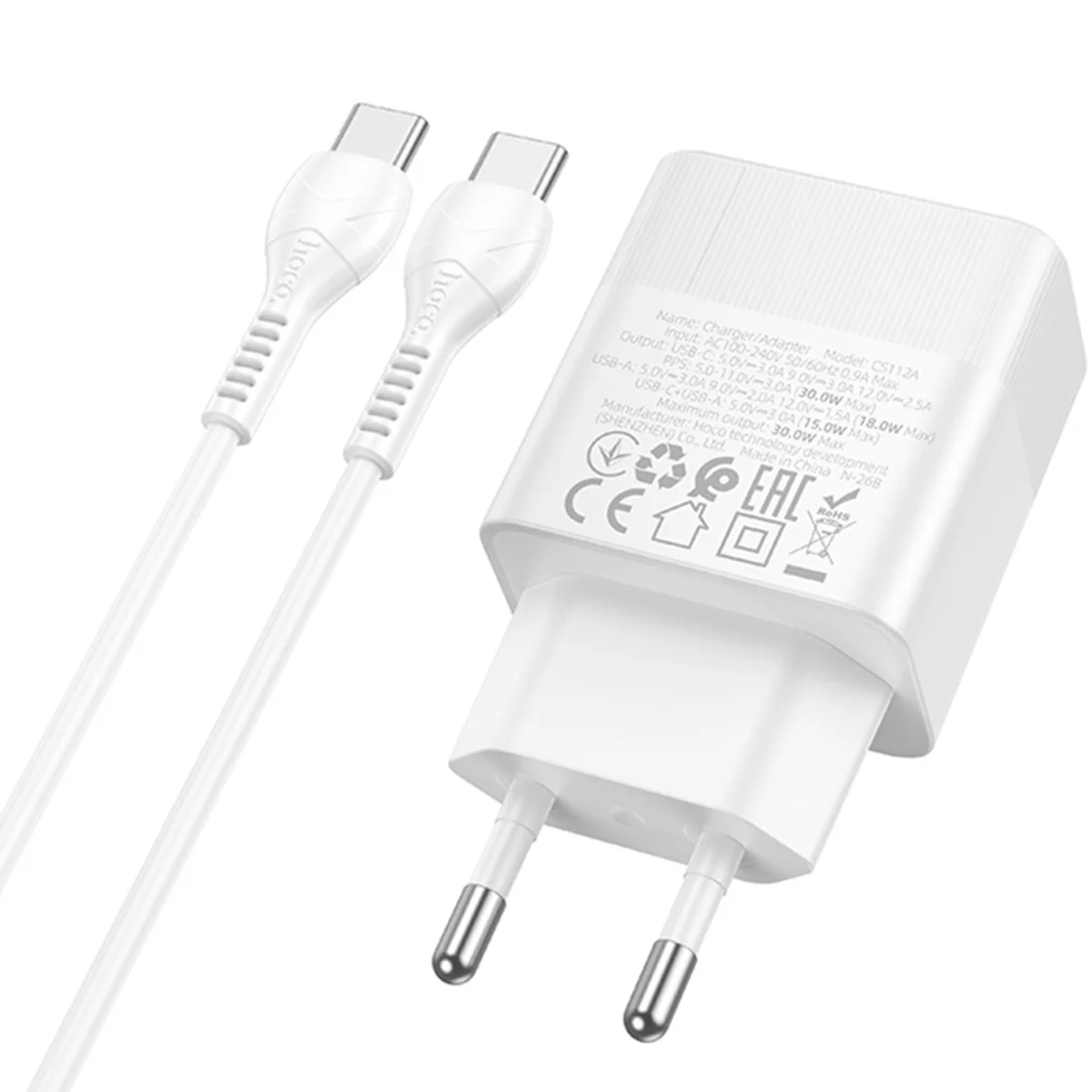 СЗУ Hoco CS112A Lounge PD30W+QC3.0 (1USB-A/1C) + кабель Type-C to Type-C White