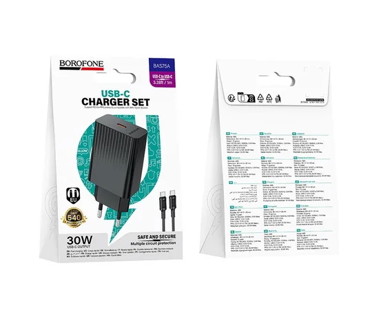 СЗУ Borofone BAS75A Source PD30W (1USB-C) + кабель Type-C to Type-C Black