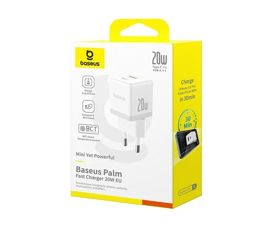 СЗУ Baseus Palm Fast Charger 20W (1USB-A/1C) + кабель Type-C to Type-C (P10111608) Moon White