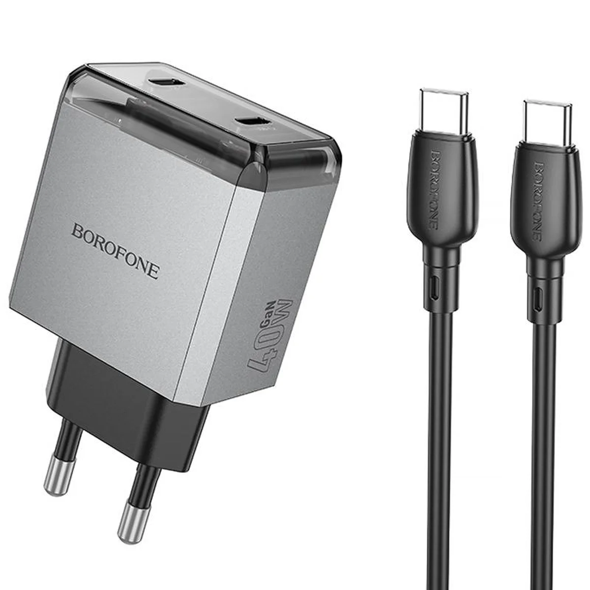 СЗУ Borofone BN21 Lena PD40W+QC3.0 (2USB-C) + кабель Type-C to Type-C Metal gray