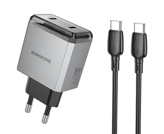 СЗУ Borofone BN21 Lena PD40W+QC3.0 (2USB-C) + кабель Type-C to Type-C Metal gray