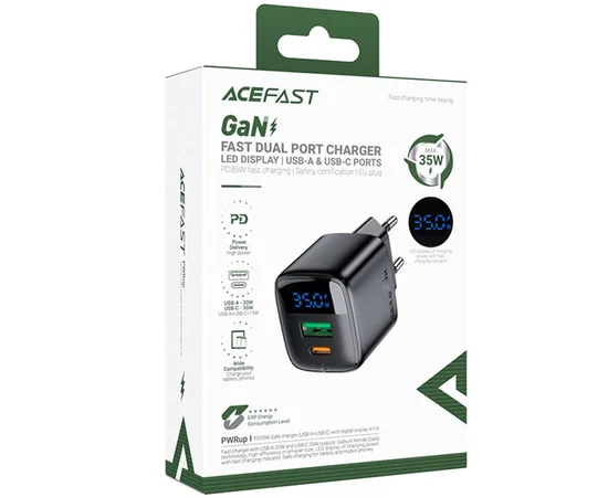 СЗУ Acefast A116 PD35W+QC3.0 GaN (1USB-A/1C) Black