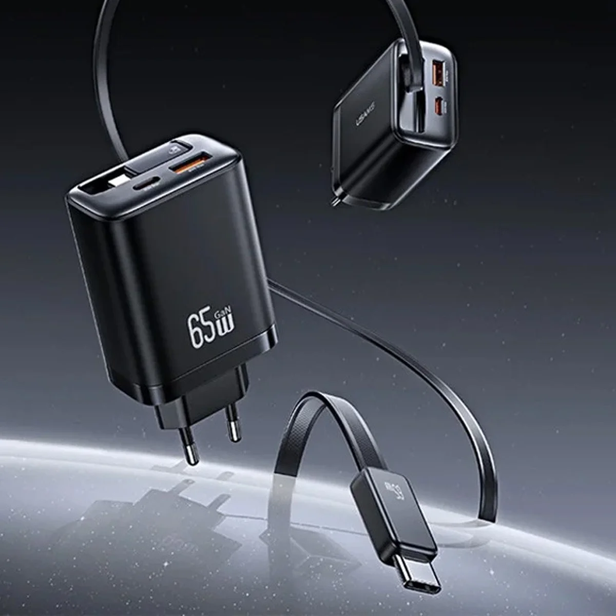 СЗУ Usams US-CC299 GaN With Retractable Type-C Cable Xiang Ser. 65W (1USB-A/1C) Black