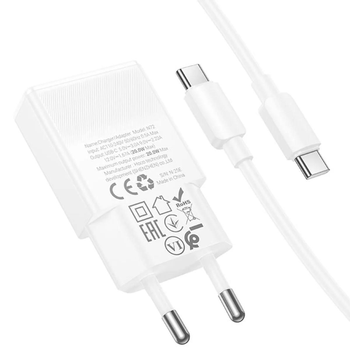 СЗУ Hoco N72 Speed ultra-thin PD20W (1USB-C) + кабель Type-C to Type-C White