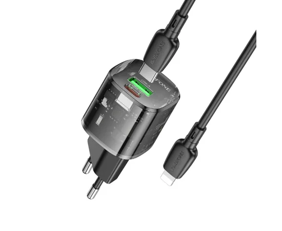 СЗУ Borofone BN17 Sunlight PD20W+QC3.0 (1USB-A/1C) + кабель Type-C to Lightning Transparent black