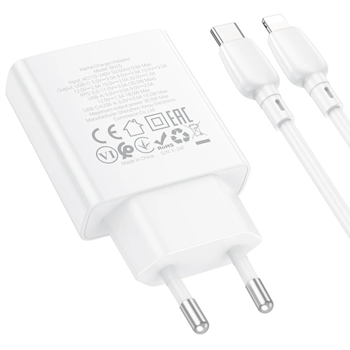 СЗУ Borofone BN25 Wish PD30W+QC3.0 (1USB-A/1C) + кабель Type-C to Lightning White