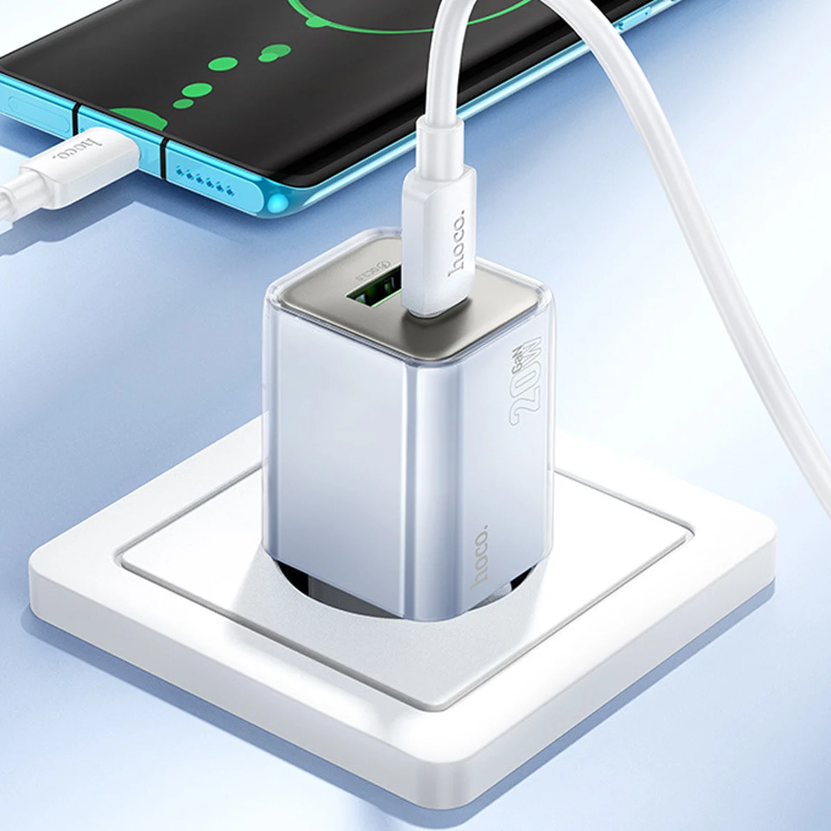 СЗУ Hoco N46 Glorious PD20W+QC3.0 (1USB-A/1C) + Type-C to Type-C Blue