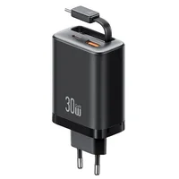 СЗУ Usams US-CC296 GaN With Retractable Type-C Cable Xiang Ser. 30W (1USB-A/1C) Black