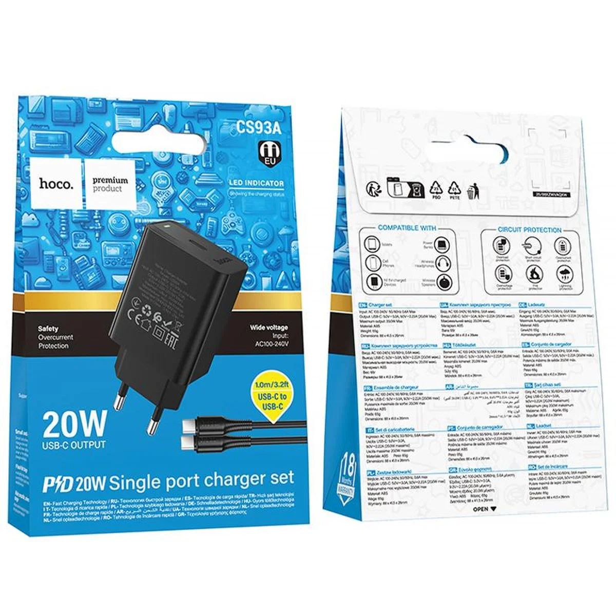 СЗУ Hoco CS93A Leader PD20W (1USB-C) + кабель Type-C to Type-C Black