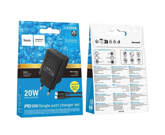 СЗУ Hoco CS93A Leader PD20W (1USB-C) + кабель Type-C to Type-C Black