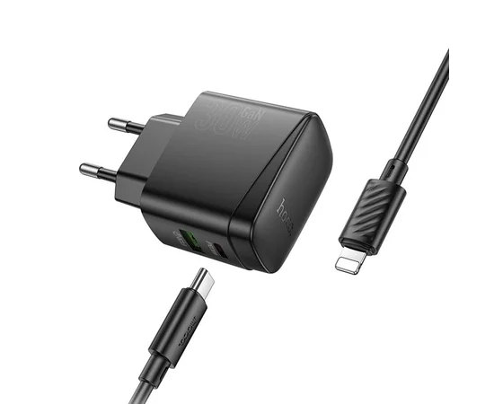 СЗУ Hoco CS61A Bright PD30W+QC3.0 (1USB-A/1C) + кабель Type-C to Lightning Black