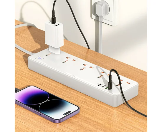 Подовжувач Hoco AC14A Rico PD30W (3USB-A/1C/5xSocket) (1.5m) White