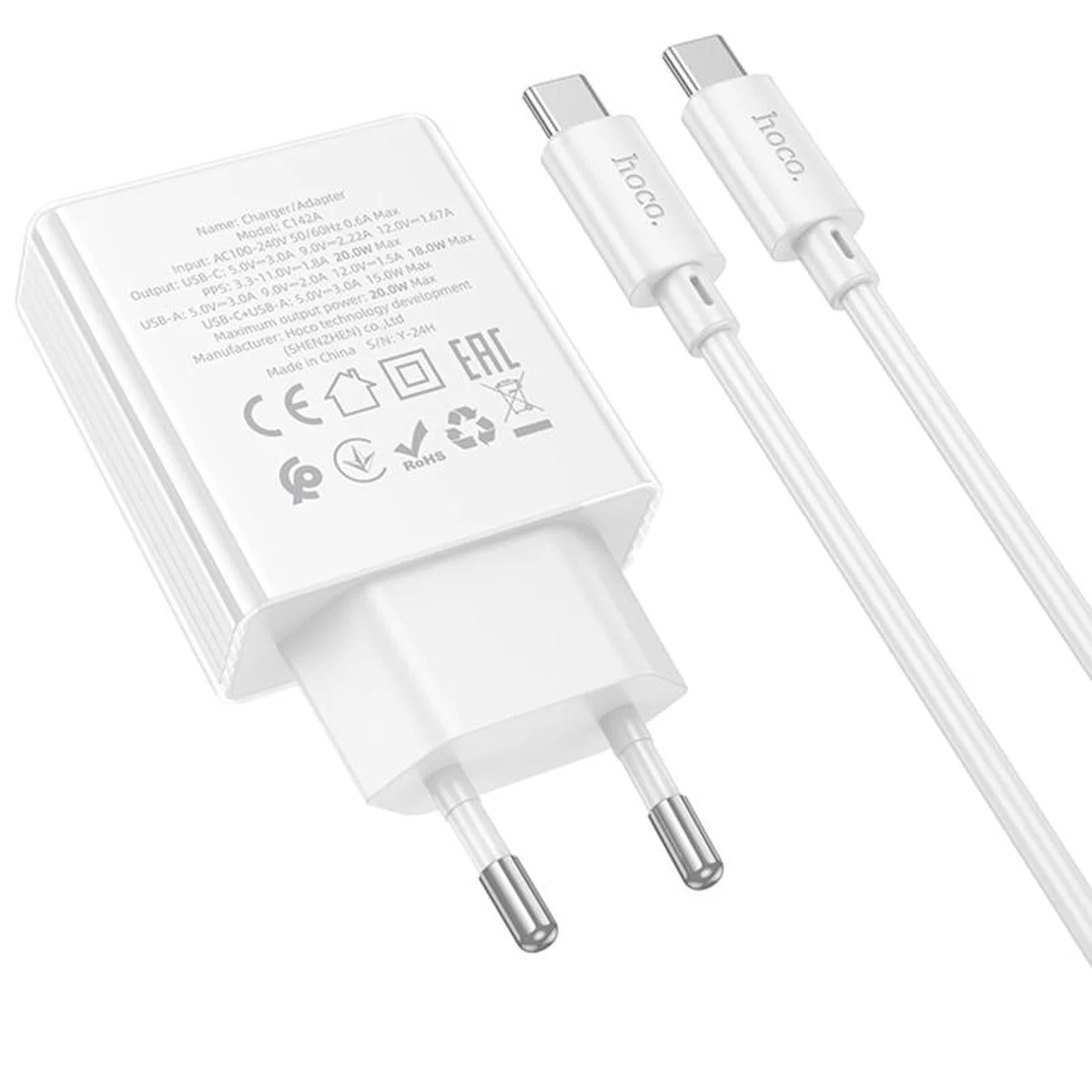 СЗУ Hoco C142A Direct PD20W+QC3.0 (1USB-A/1C) + кабель Type-C to Type-C White