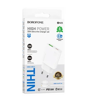 СЗУ Borofone BN25 Wish PD30W+QC3.0 (1USB-A/1C) + кабель Type-C to Lightning White