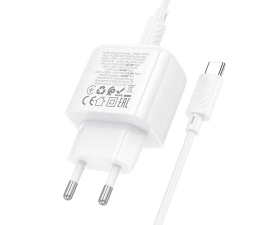 СЗУ Hoco CS55A Surplus PD30W+QC3.0 (1USB-A/1C) + Type-C to Type-C White