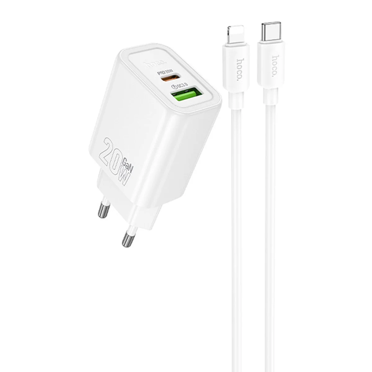 СЗУ Hoco N61 Gentle PD20W+QC3.0 (1USB-A/1C) + кабель Type-C to Lightning White
