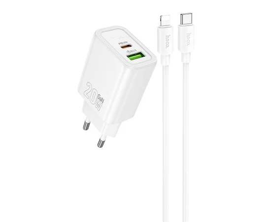 СЗУ Hoco N61 Gentle PD20W+QC3.0 (1USB-A/1C) + кабель Type-C to Lightning White