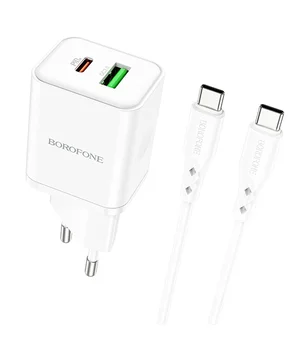 СЗУ Borofone BN7 PD20W+QC3.0 (1USB-A/1C) + кабель Type-C to Type-C White