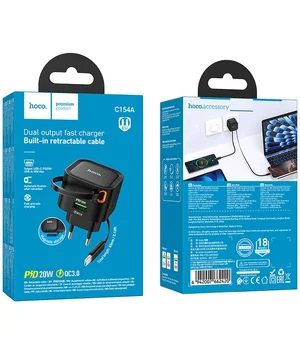 СЗУ Hoco C154A Changer With Retractable Cable Type-C PD20W+QC3.0 (1USB-C) Black