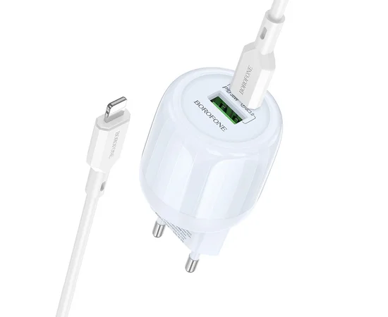 СЗУ Borofone BA94A Lustrous PD30W+QC3.0 (1USB-A/1C) + кабель Type-C to Lightning Blue