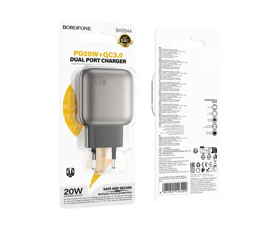СЗУ Borofone BAS54A Absolute PD20W+QC3.0 (1USB-A/1C) Black