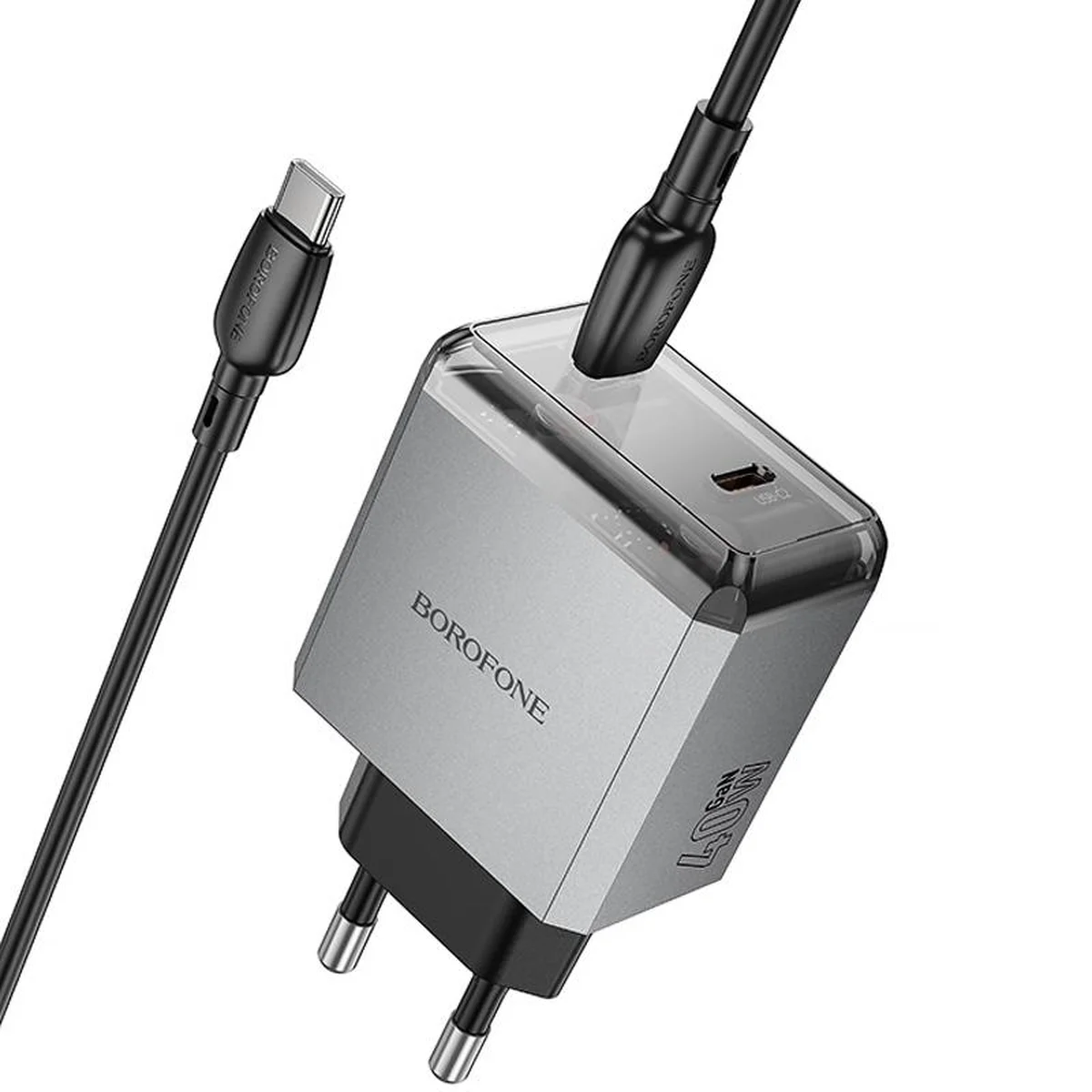 СЗУ Borofone BN21 Lena PD40W+QC3.0 (2USB-C) + кабель Type-C to Type-C Metal gray
