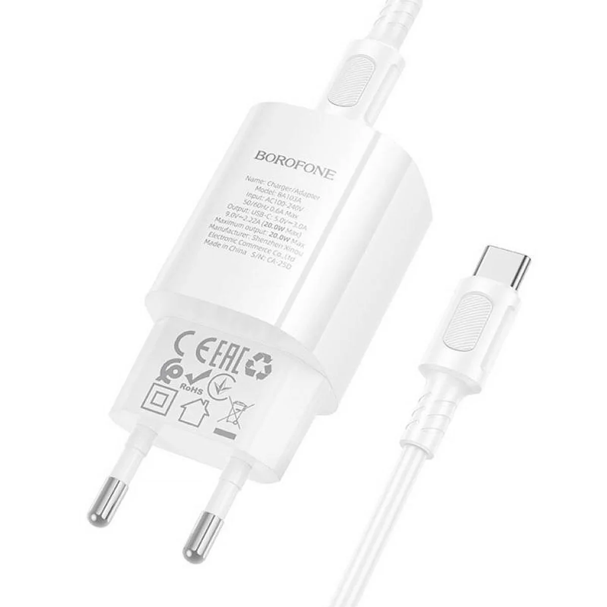 СЗУ Borofone BA103A Pudding PD20W (1USB-C) + кабель Type-C to Type-C White