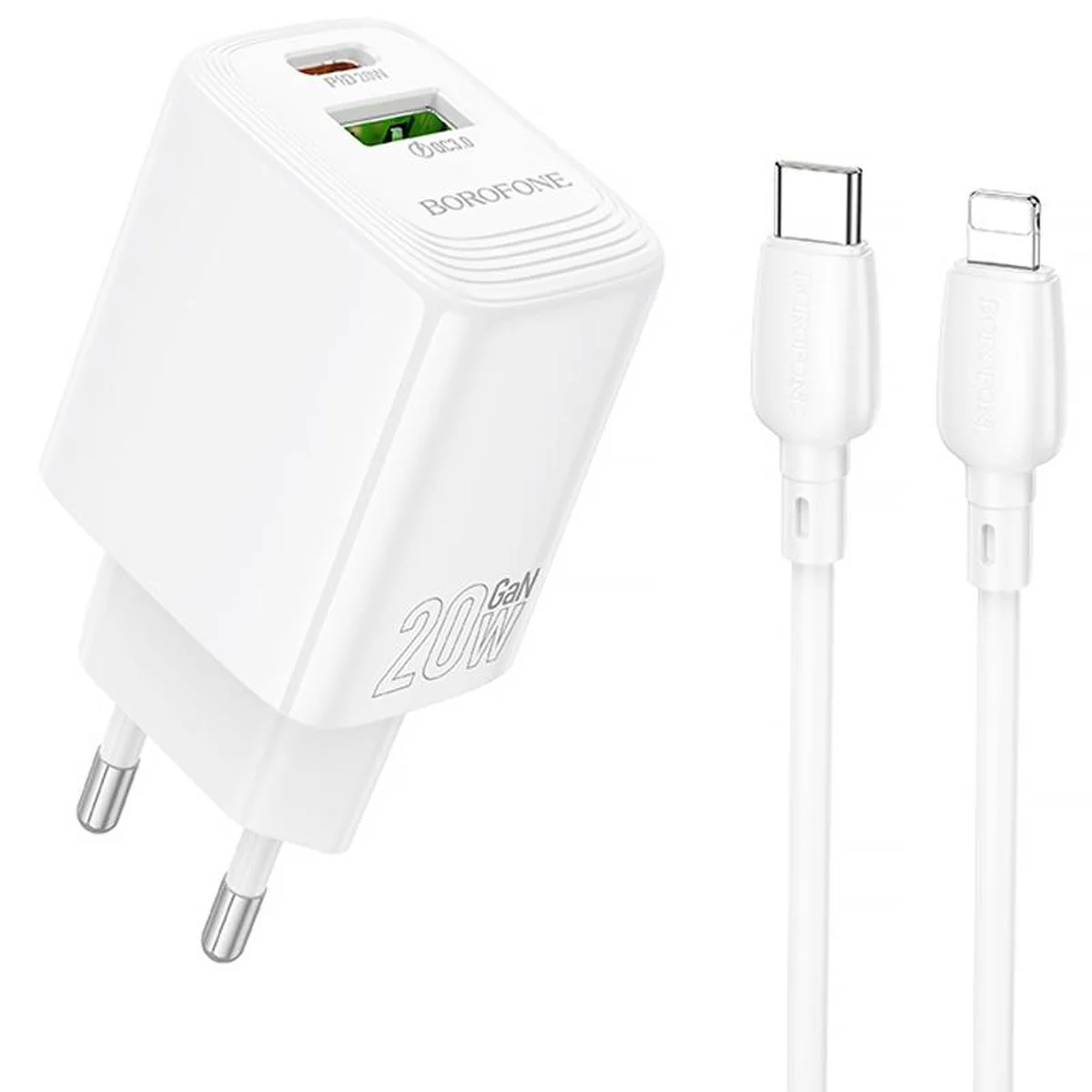 СЗУ Borofone BN27 Fuente PD20W+QC3.0 (1USB-A/1C) + кабель Type-C to Lightning White