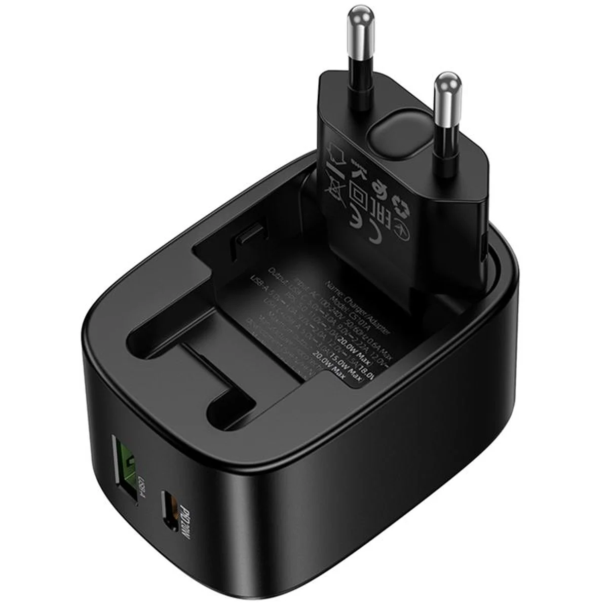 СЗУ Hoco CS101A Folding PD20W+QC3.0 (1USB-A/1C) + кабель Type-C to Type-C Black