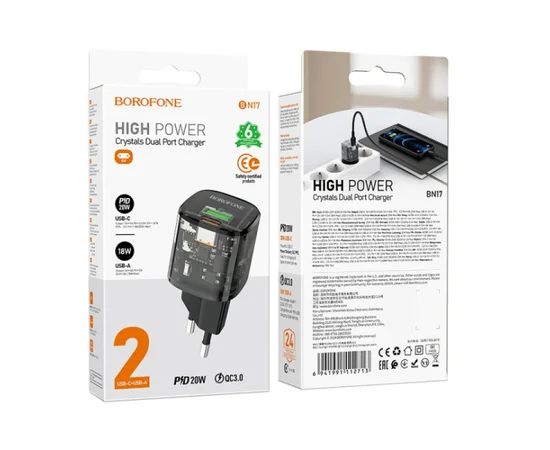 СЗУ Borofone BN17 Sunlight PD20W+QC3.0 (1USB-A/1C) Transparent black