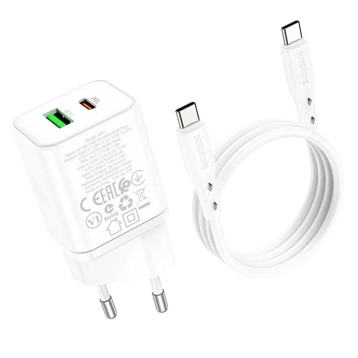 СЗУ Borofone BN7 PD20W+QC3.0 (1USB-A/1C) + кабель Type-C to Type-C White