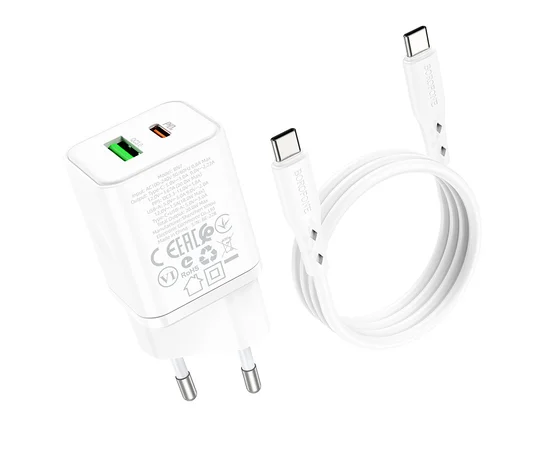 СЗУ Borofone BN7 PD20W+QC3.0 (1USB-A/1C) + кабель Type-C to Type-C White