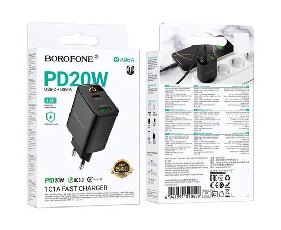 СЗУ Borofone BA96A Ilustre with digital display PD20W+QC3.0 (1USB-A/1C) Black