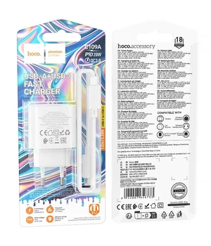 СЗУ Hoco C109A Fighter PD20W+QC3.0 (1USB-A/1C) + кабель Type-C to Type-C White