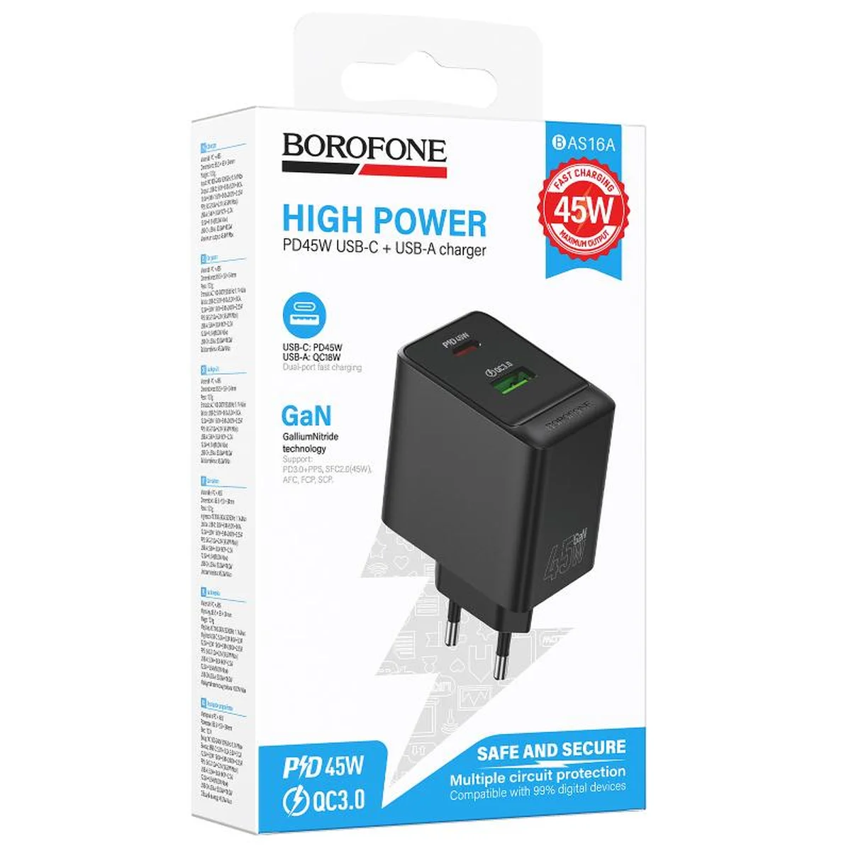 СЗУ Borofone BAS16A Erudite PD45W+QC3.0 (1USB-A/1C) Black
