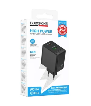 СЗУ Borofone BAS16A Erudite PD45W+QC3.0 (1USB-A/1C) Black